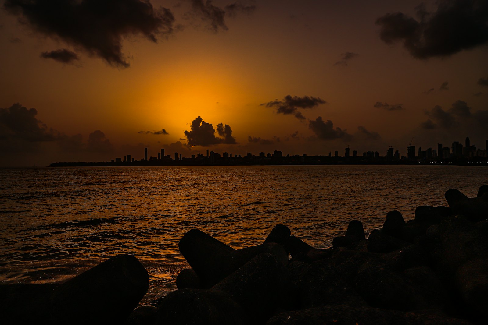 Sunset over the sea and city skyline